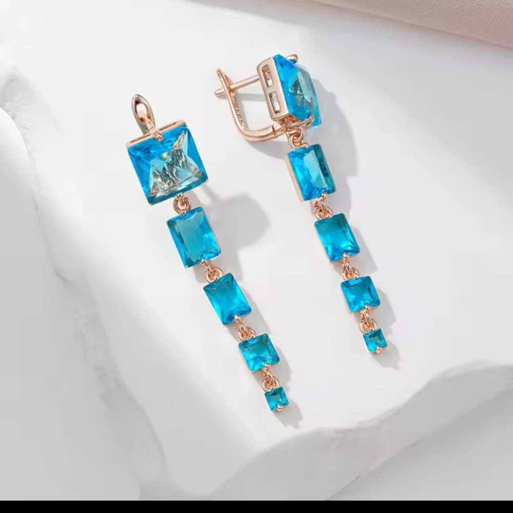 585/14k Rose Gold & Blue Topaz Crystal Drop Earrings -